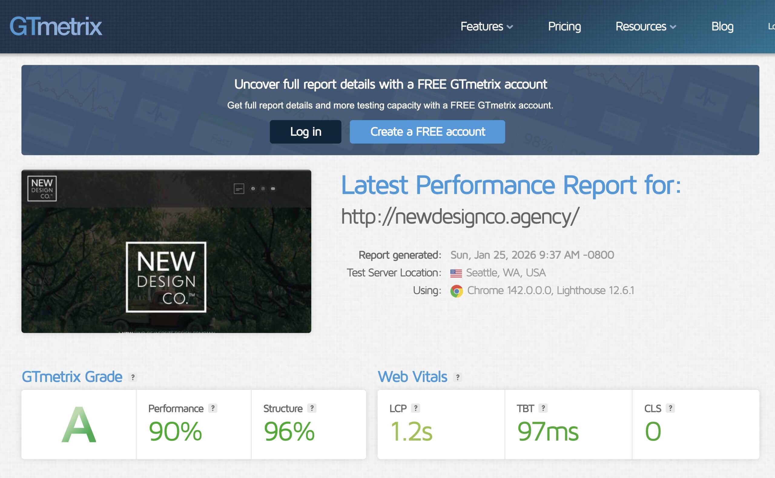 GT Metrix pageload speed example of NEW Design Co. website